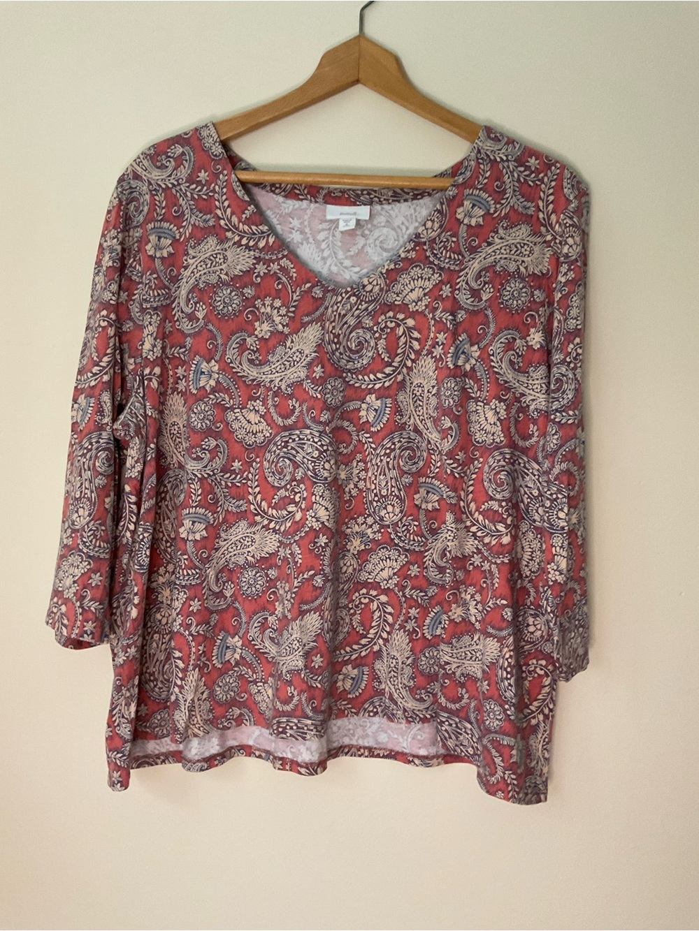 Paisley V-Neck Tunic Top in Rust Cream 22.5” by 24” cotton modal pure 3/4 sleeve